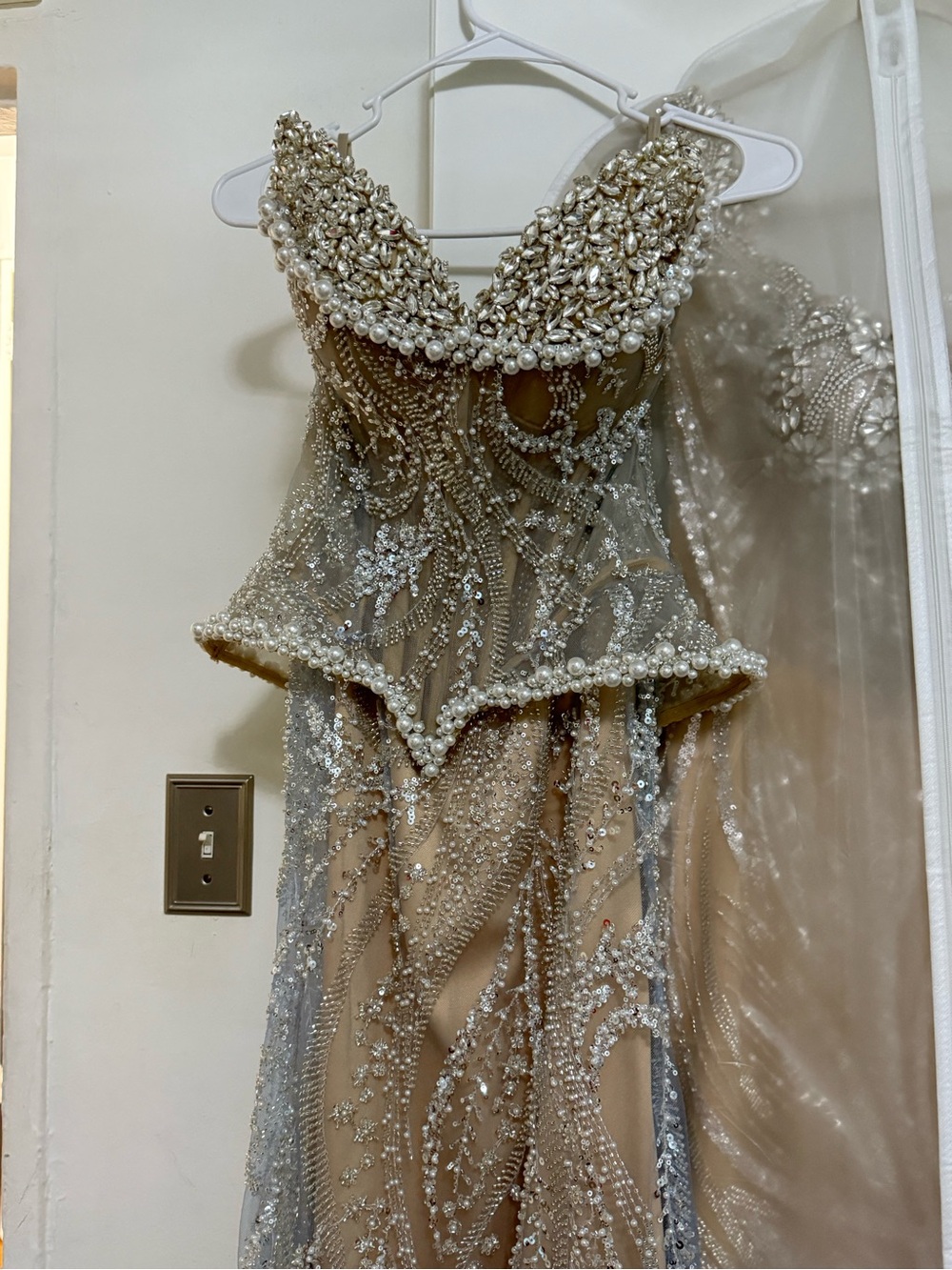 Beaded Pearl Embellished Nude Evening Two Piece